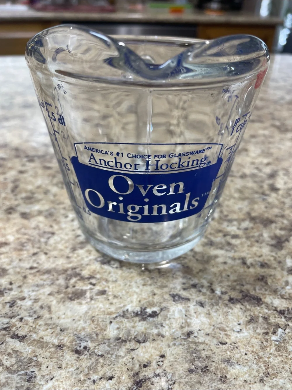 Anchor Hocking Oven Originals 496 Blue Lettering 1 Cup Clear Glass Measuring Cup